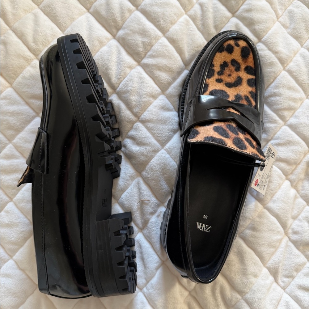 Zara Black and Leopard Print Loafers - Picture 2 of 5